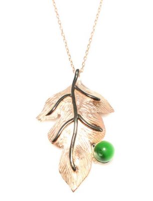 Leaf Necklace Pink Color - Green Round Malachite - 1