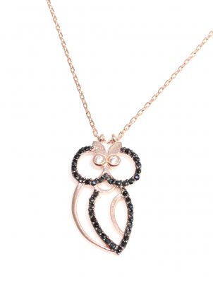 Owl Necklace Pink Color - Black, White Stone - 3