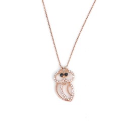 Owl Necklace Pink Color - Black, White Stone - Nusrettaki (1)