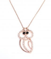 Owl Necklace Pink Color - Black, White Stone - 3