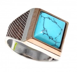 Silver Bronze Mix Turquoise Men's Ring - Nusrettaki