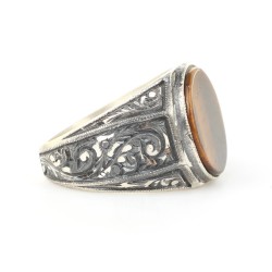 Silver Hexagon Design Men Ring with Eye of the Tiger - Nusrettaki (1)