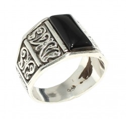 Silver Rectanguler Men Ring with Onyx - 5