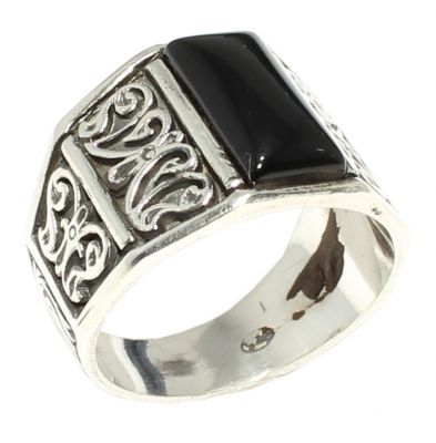 Silver Rectanguler Men Ring with Onyx - 3