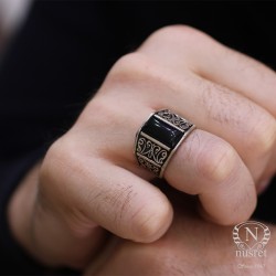 Silver Rectanguler Men Ring with Onyx - 2