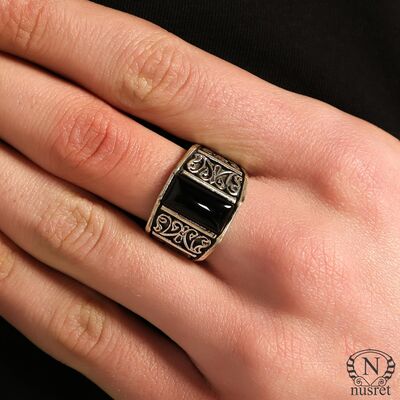 Silver Rectanguler Men Ring with Onyx - 1