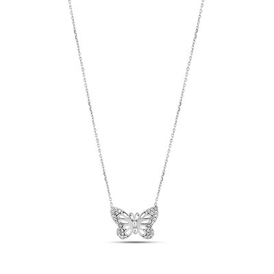 Sterling Silver Butterfly in Garden Necklace, White Gold Plated - 3