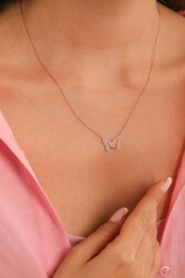 Sterling Silver Butterfly in Garden Necklace, White Gold Plated - Nusrettaki