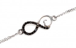 Sterling Silver Eternal Love Double Chain Bracelet with Black CZ, White Gold Vermeil 