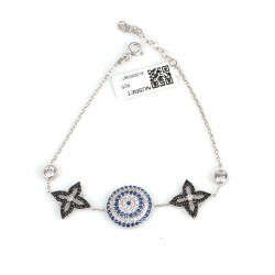 Sterling Silver Evil Eye Bracelet with Two Black Flowers, White Gold Plated - Nusrettaki