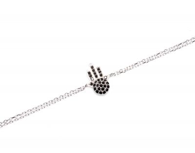 Sterling Silver Hamsa Hand Bracelet with Black CZ, White Gold Vermeil - 4