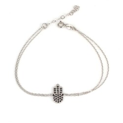 Sterling Silver Hamsa Hand Bracelet with Black CZ, White Gold Vermeil - Nusrettaki