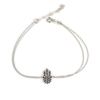 Sterling Silver Hamsa Hand Bracelet with Black CZ, White Gold Vermeil - 1