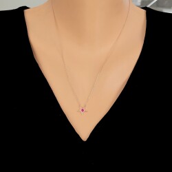 Sterling Silver Star Dainty Necklace with Ruby, Rose Gold Plated - Nusrettaki