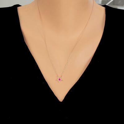 Sterling Silver Star Dainty Necklace with Ruby, Rose Gold Plated - 1