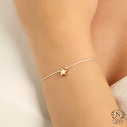 Sterling Silver Tiny Star Cord Bracelet, Rose Gold Plated - Nusrettaki (1)