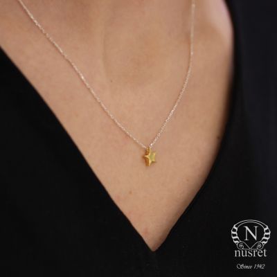 Sterling Silver Tiny Star Dainty Necklace, Gold Plated with Silver Chain - 2