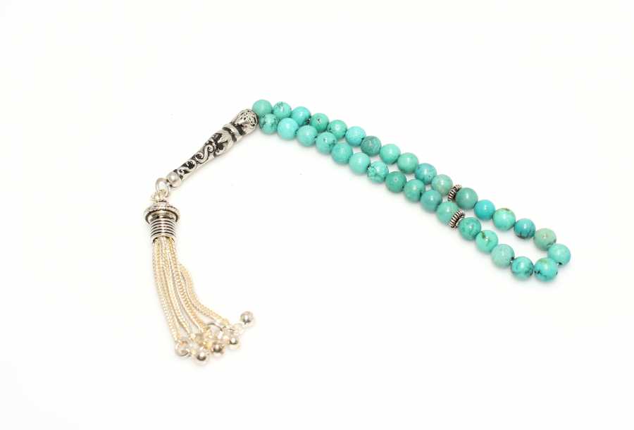 Turquoise Prayer Beads with Silver Tassel,Silver Imame| NUSRET