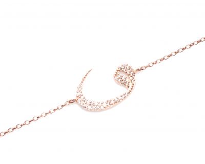 Waw Arabic Letter Sterling Silver Bracelet with CZ's, Rose Gold Vermeil - 1