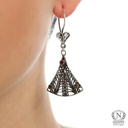 925 Silver Filigree Drop Earrings Women's Skirt Model with Emerald - Nusrettaki (1)